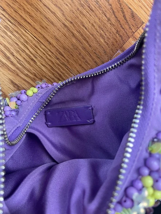 ZARA Beaded Floral Mini Bag Purple Green Statement - Picture 5 of 6